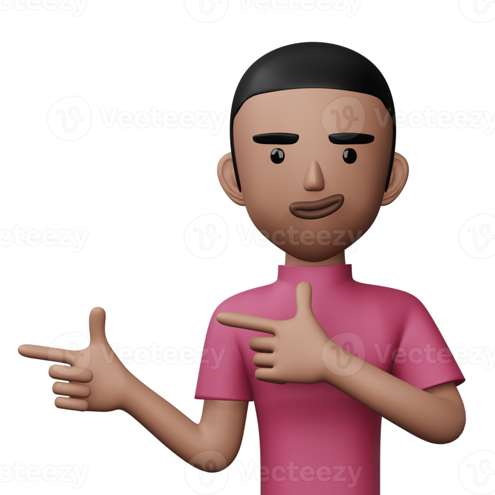 Happy excited man pointing to the side, Cute cartoon character, 3d rendering png