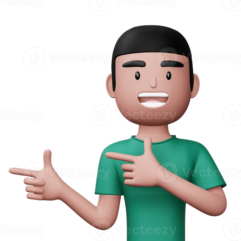 Happy excited man pointing to the side, Cute cartoon character, 3d rendering png