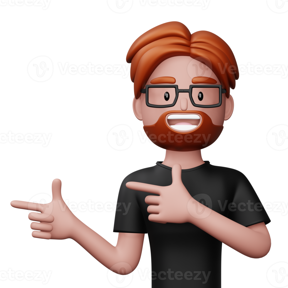 Happy excited man pointing to the side, Cute cartoon character, 3d rendering png