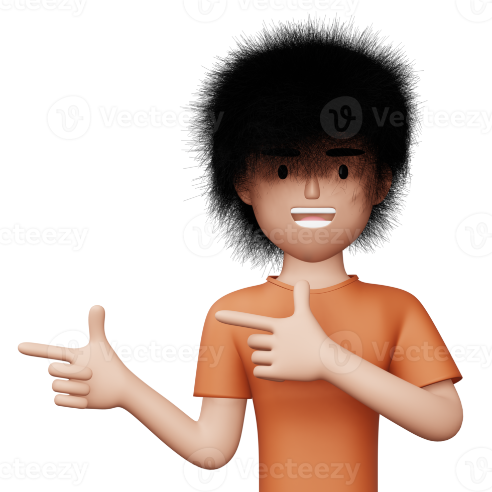 Happy excited man pointing to the side, Cute cartoon character, 3d rendering png