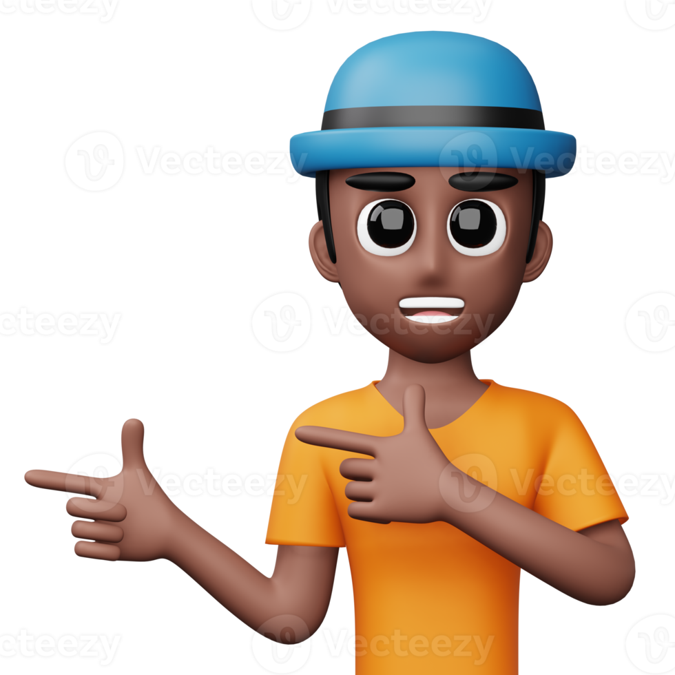 Happy excited man pointing to the side, Cute cartoon character, 3d rendering png
