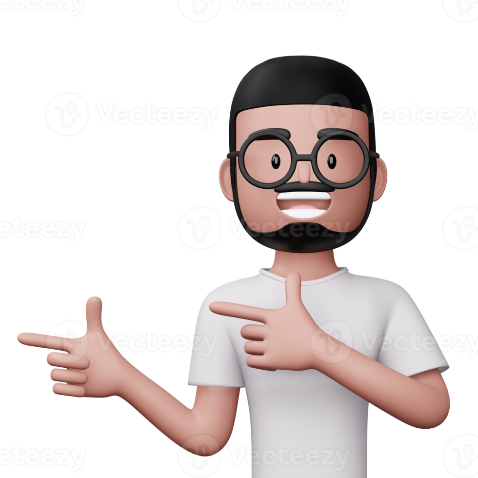 Happy excited man pointing to the side, Cute cartoon character, 3d rendering png