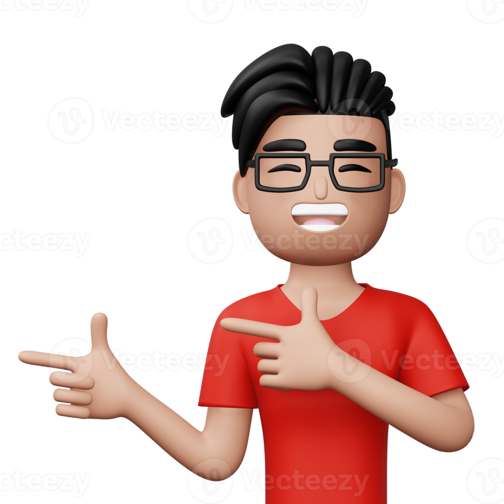 Happy excited man pointing to the side, Cute cartoon character, 3d rendering png
