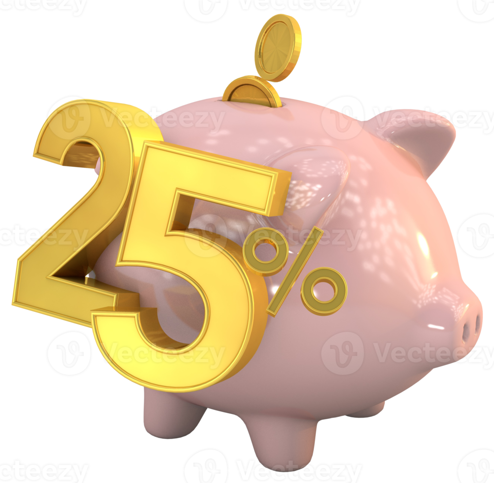 3D piggy bank with golden coin and number 25 png