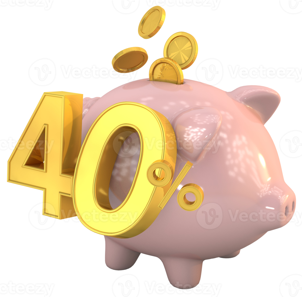 3D piggy bank with golden coin and number 40 png