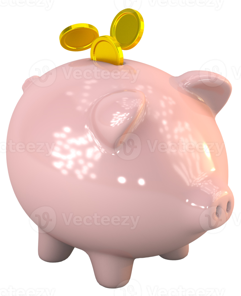 Piggy bank with floating coin. Finance saving money. 3d render png