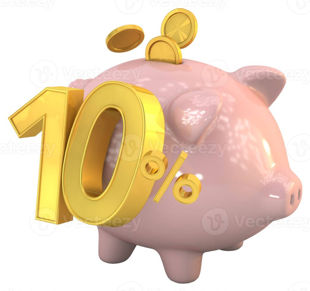 3D piggy bank with golden coin and number 10 png