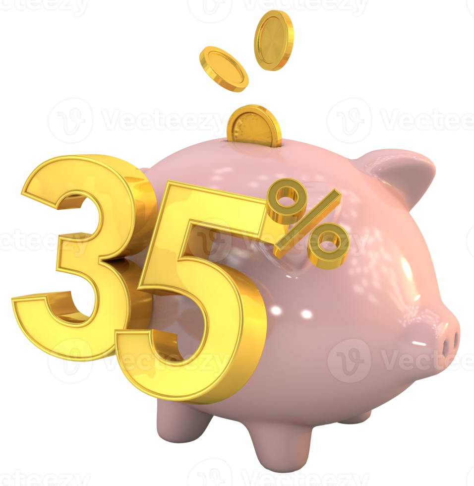 3D piggy bank with golden coin and number 35 png