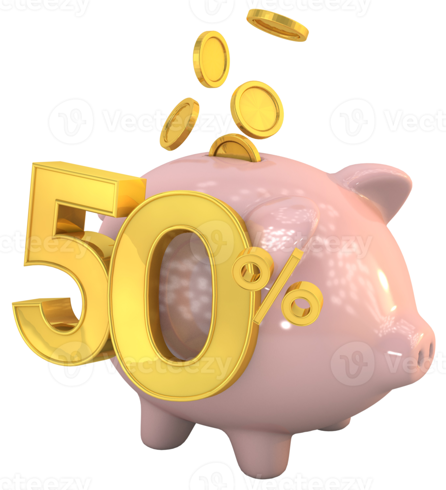 3D piggy bank with golden coin and number 50 png