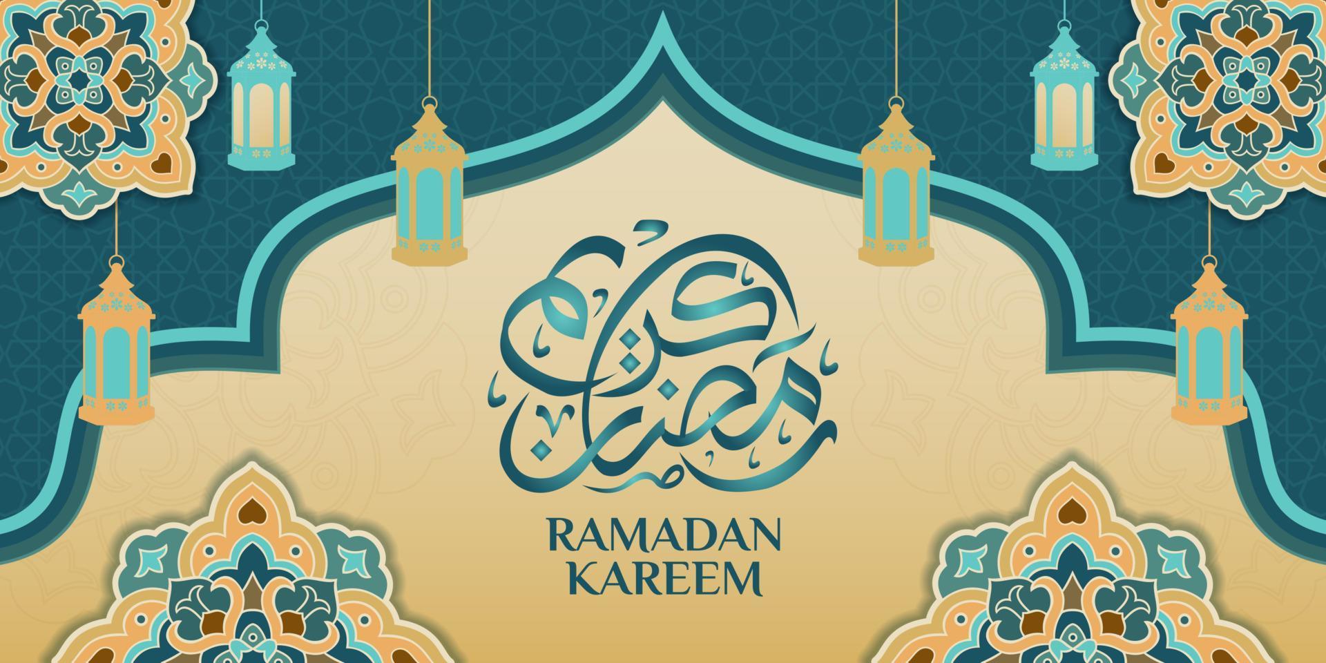 Islamic ornament template for background, banner, poster, cover design, envelope, social media feed. Ramadan Kareem and eid mubarak 2023 concept, blue background, muslim lantern, pattern vector