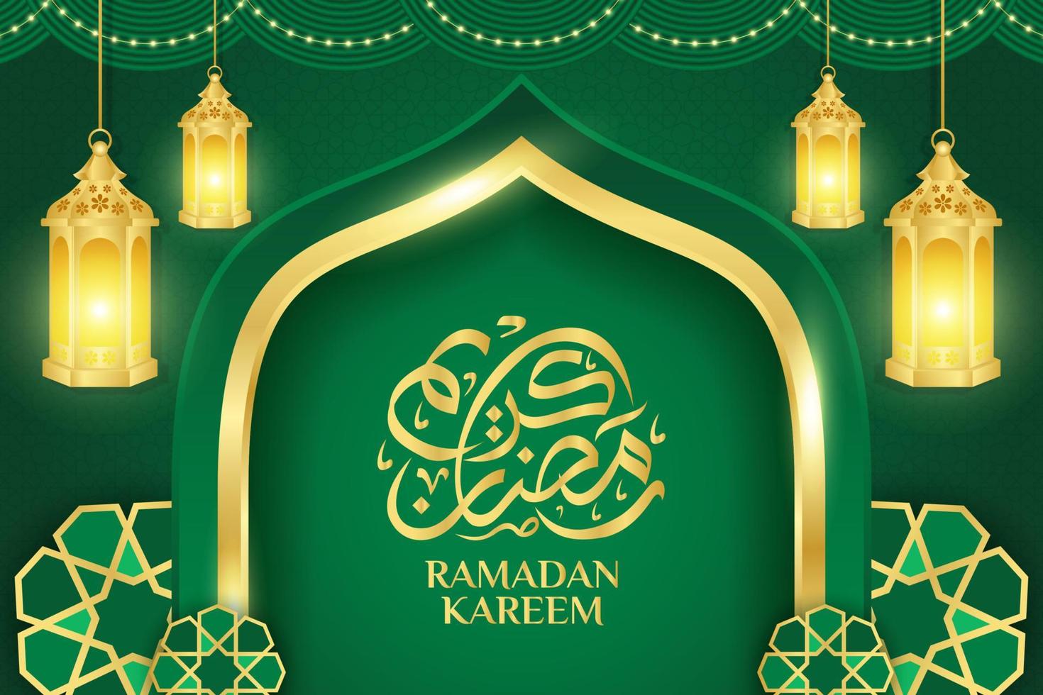 Islamic ornament template for background, banner, poster, cover design, envelope, social media feed. Ramadan Kareem and eid mubarak 2023 concept, green background, muslim lantern, pattern vector