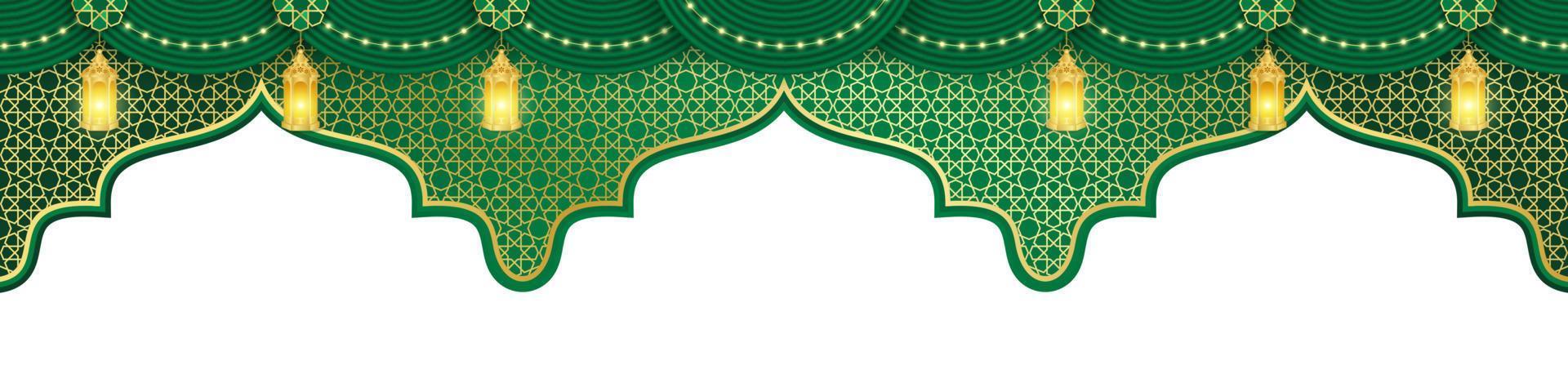 islámico ornamento cortina, linterna lámpara plantilla, encabezamiento o pie de página para fondo, bandera, póster, cubrir diseño, social medios de comunicación alimentar, cuentos. Ramadán kareem y eid Mubarak 2023 concepto vector