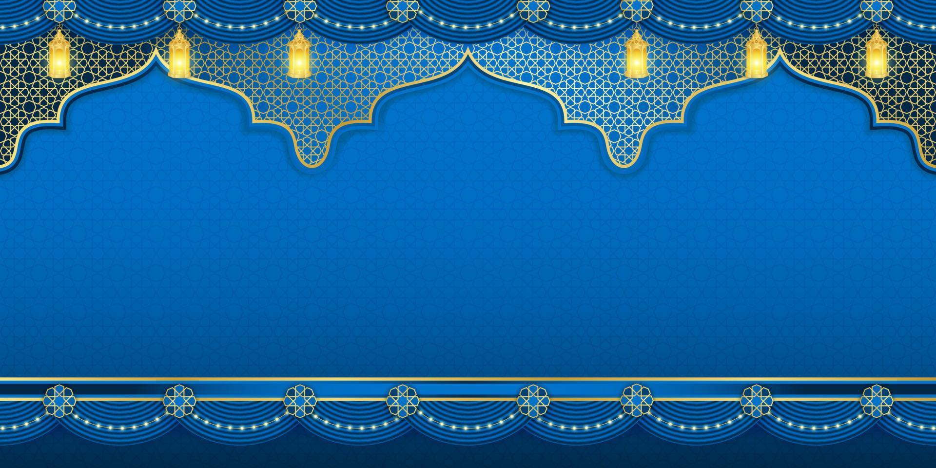 Islamic ornament template for background, banner, poster, cover design, envelope, social media feed. Ramadan Kareem and eid mubarak 2023 concept, blue background, muslim lantern, pattern vector