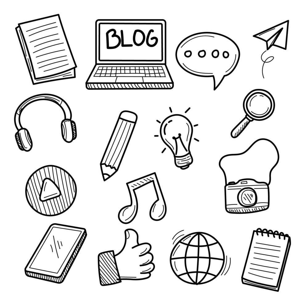 Set of blog related doodle illustration with cute design vector