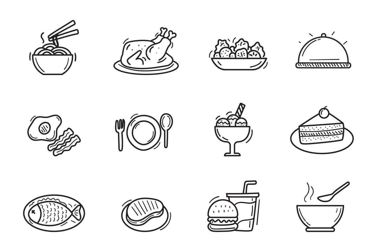 conjunto de comidas y culinario icono en linda garabatear estilo vector