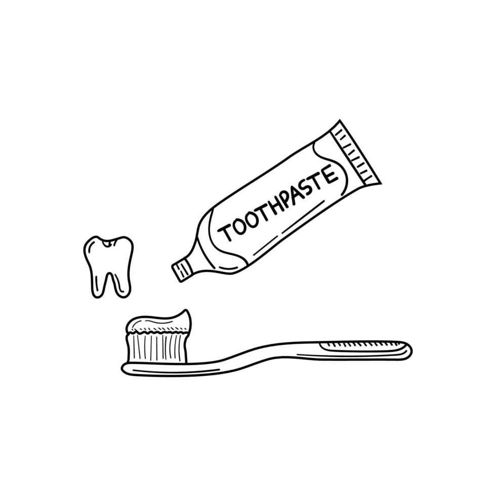 Hand drawn toothpaste and toothbrush vector illustration isolated on white background