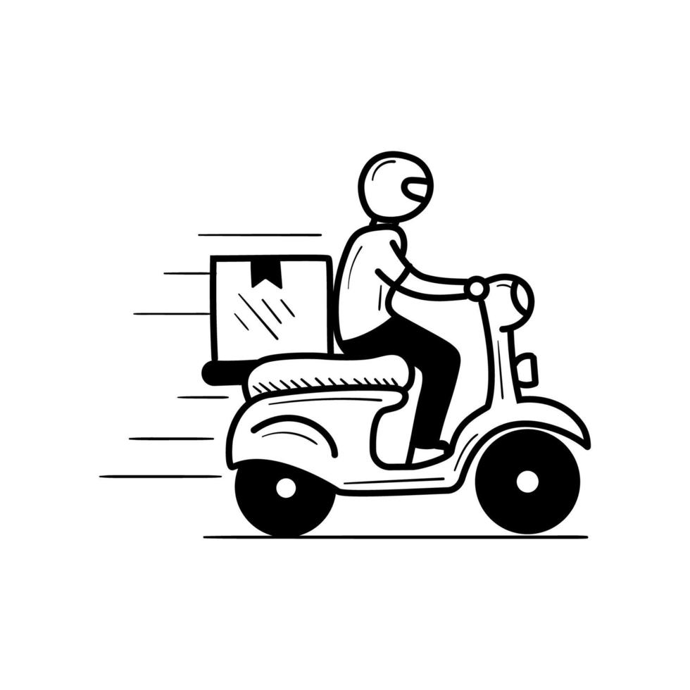 Delivery guy with motorcycle vector illustration in hand-drawn style
