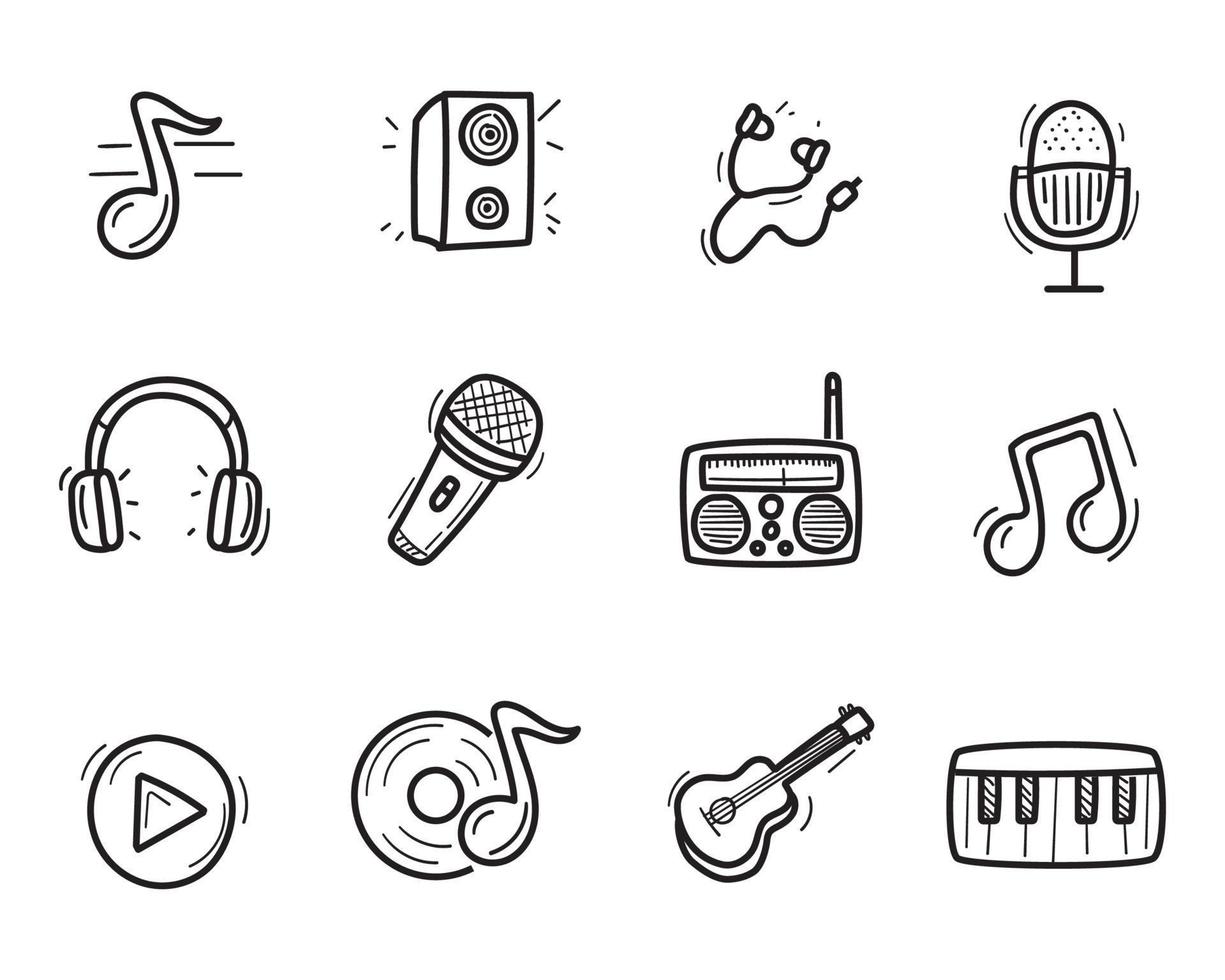 Set of music and sound icon in cute doodle style vector