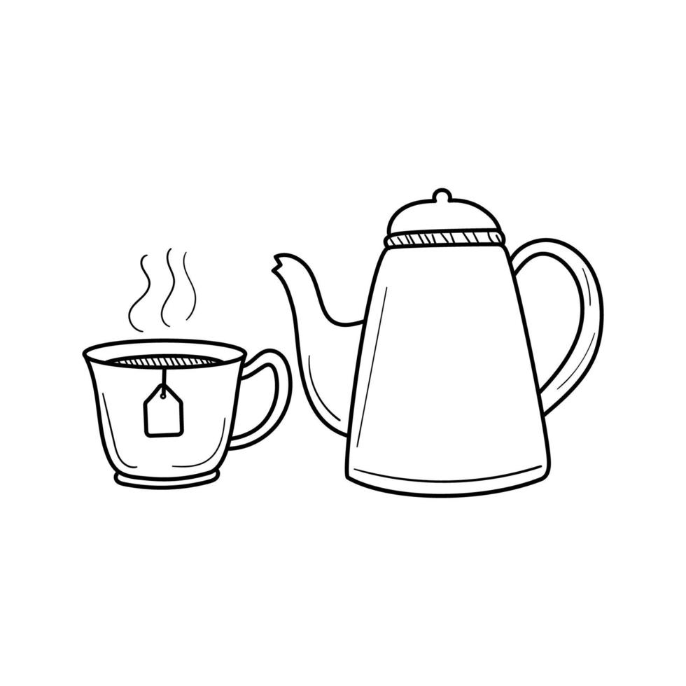 Tea pot and cup vector illustration in hand drawn style