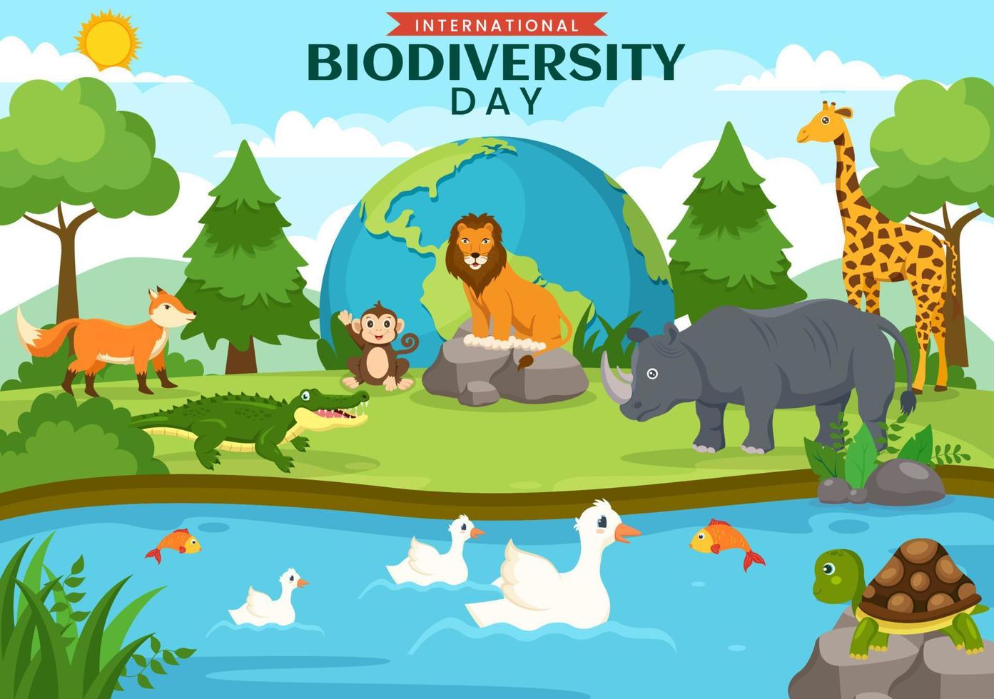 mundo biodiversidad día en mayo 22 ilustración con biológico diversidad, tierra y animal en plano dibujos animados mano dibujado para aterrizaje página plantillas vector