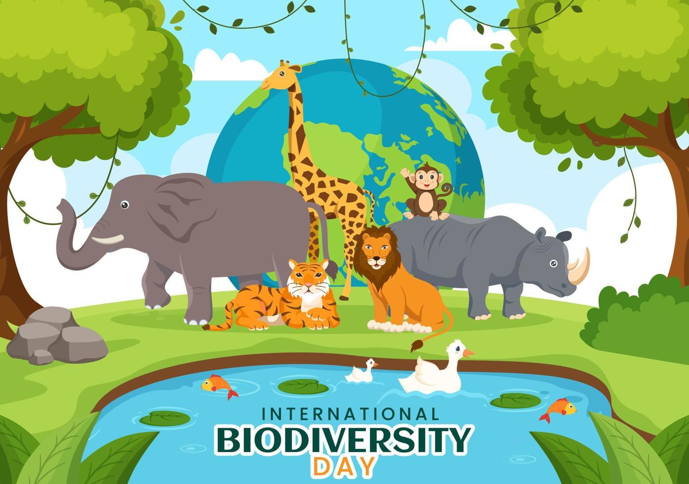 mundo biodiversidad día en mayo 22 ilustración con biológico diversidad, tierra y animal en plano dibujos animados mano dibujado para aterrizaje página plantillas vector