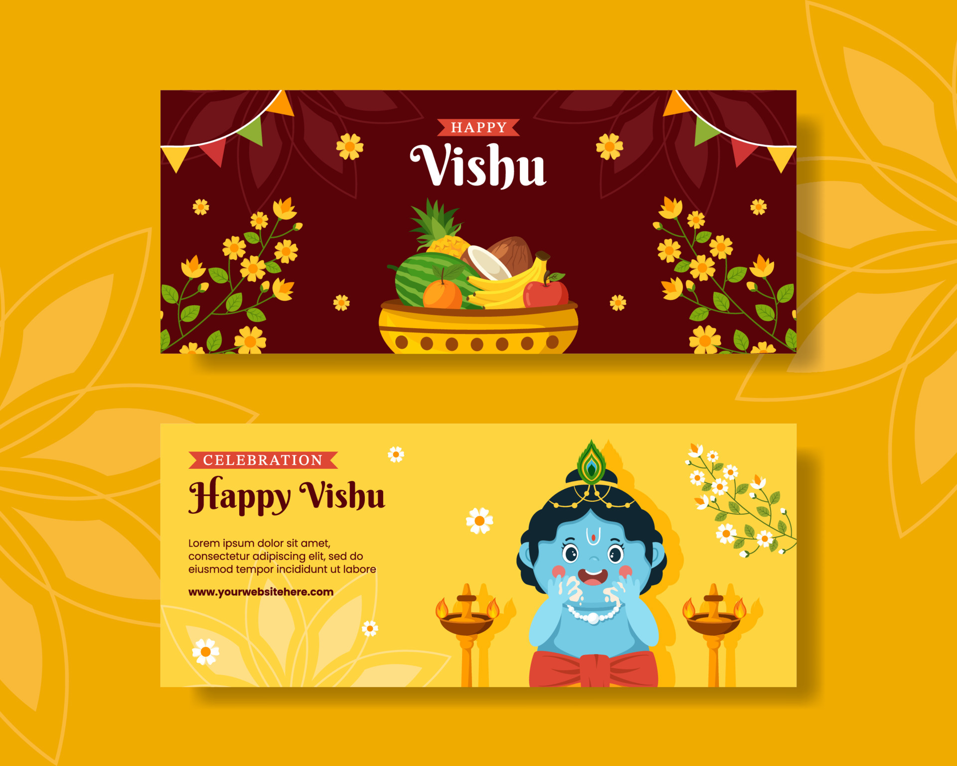 Happy Vishu Festival Horizontal Banner Flat Cartoon Hand Drawn