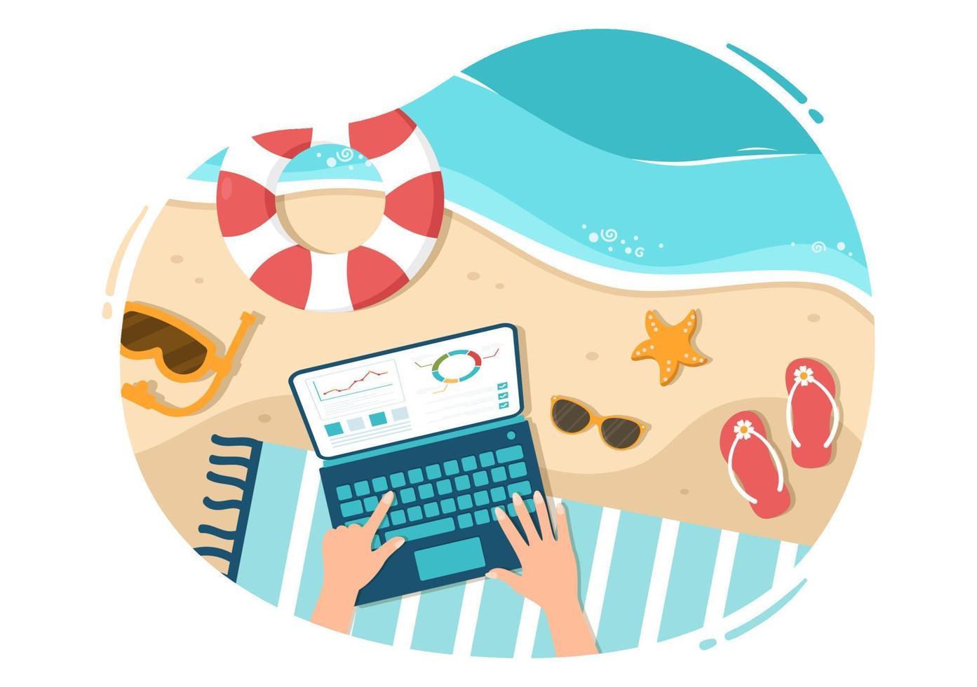 Freelance Workers From Swimming Pool Illustration with Relaxing, Drink Cocktails and Using Laptop in Cartoon Hand Drawn for Landing Page Templates vector