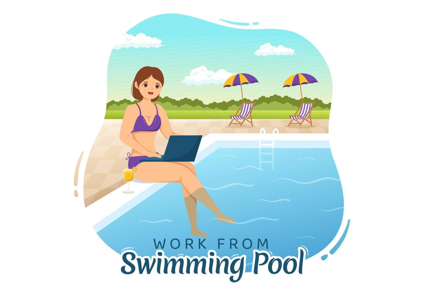 Freelance Workers From Swimming Pool Illustration with Relaxing, Drink Cocktails and Using Laptop in Cartoon Hand Drawn for Landing Page Templates vector