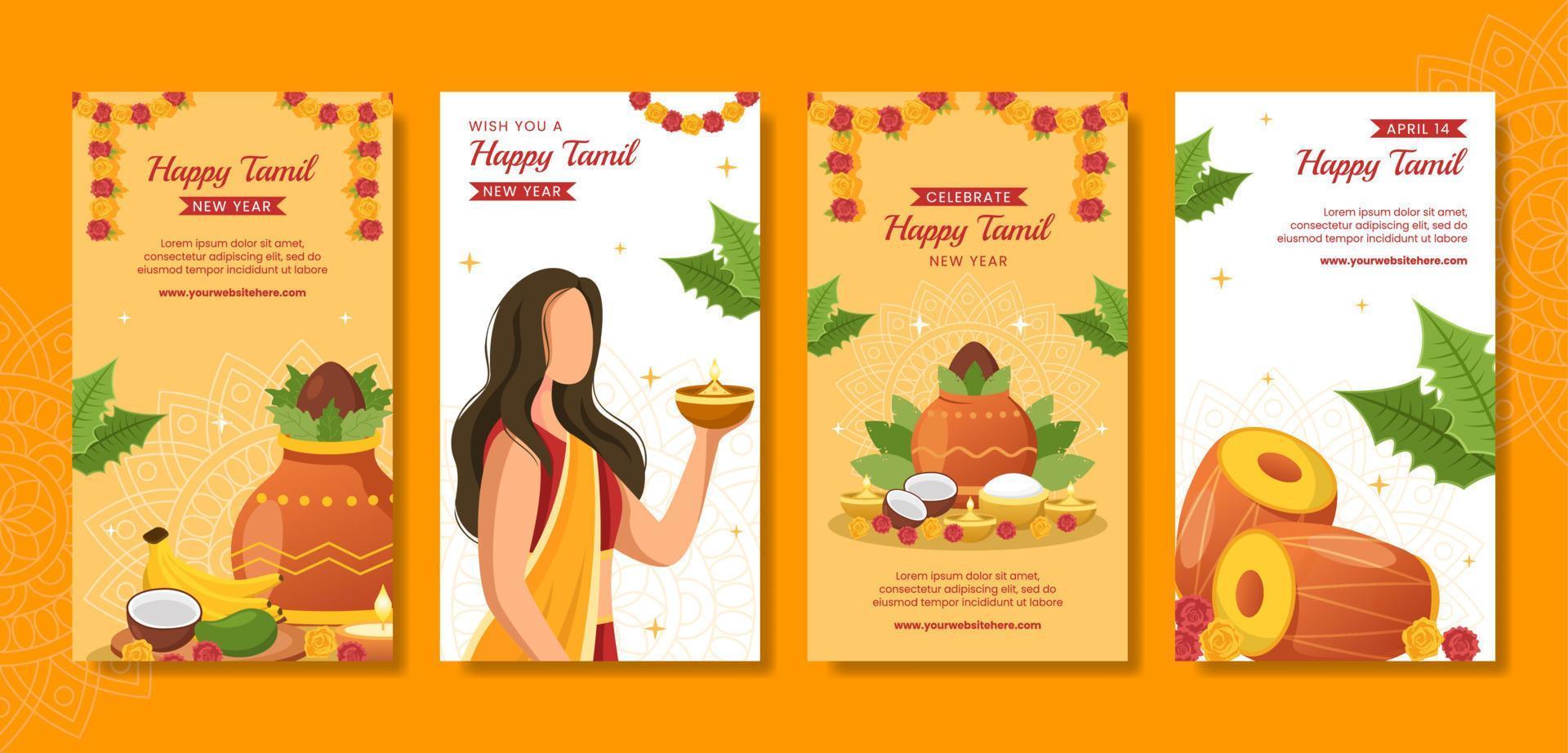 Happy Tamil New Year Social Media Stories Cartoon Hand Drawn Templates Background Illustration vector