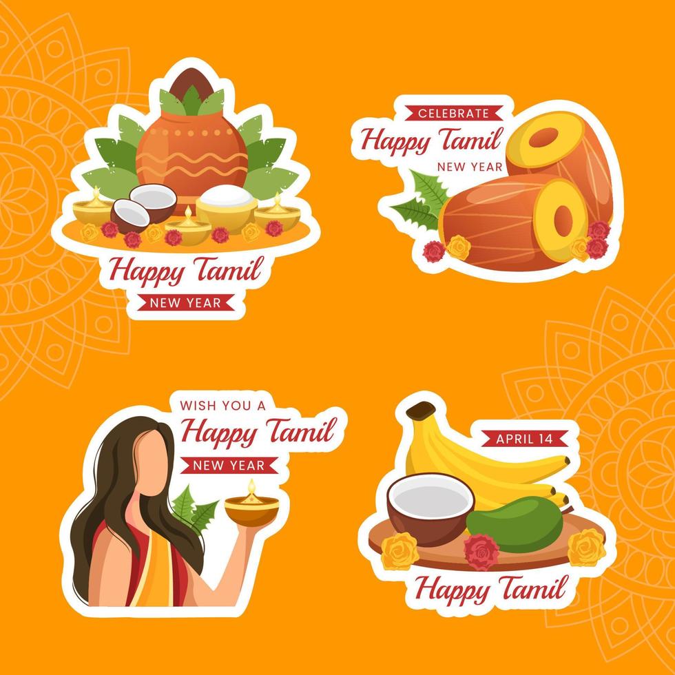 Happy Tamil New Year Label Flat Cartoon Hand Drawn Templates Background Illustration vector