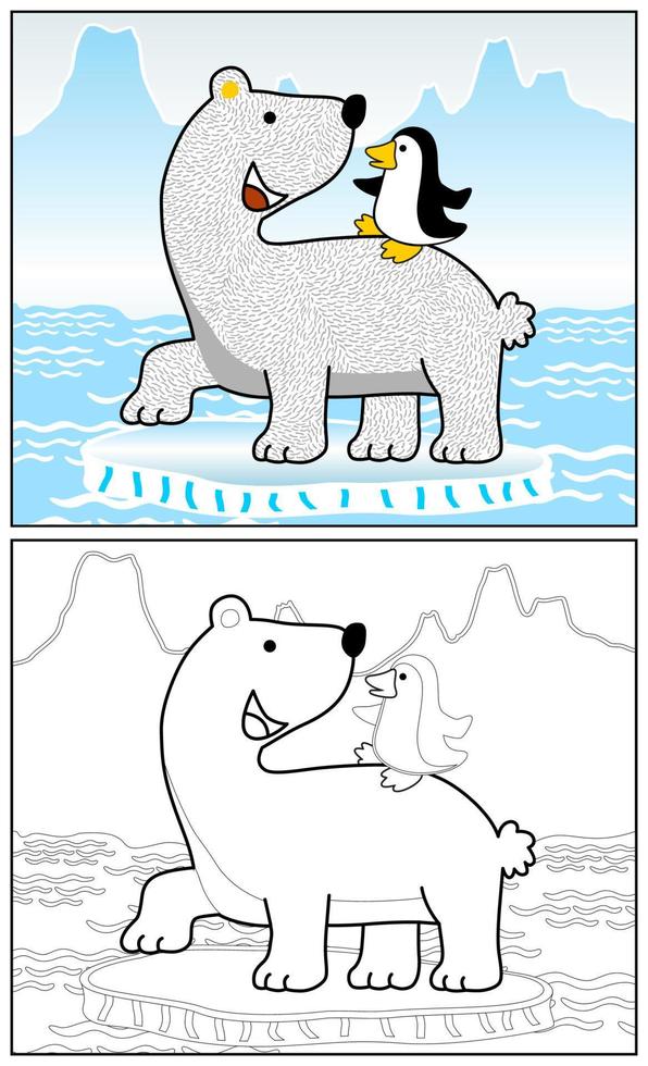 Funny polar bear with penguin on ice mountain background, vector cartoon illustration, coloring book or page