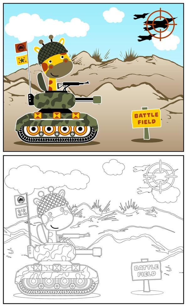 Funny giraffe on armored vehicle in battlefield, vector cartoon illustration, coloring book or page
