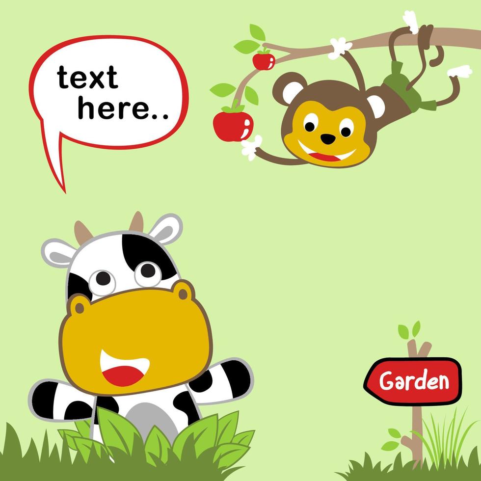 vector cartoon illustration of cute cow with monkey on tree branches picking fruit