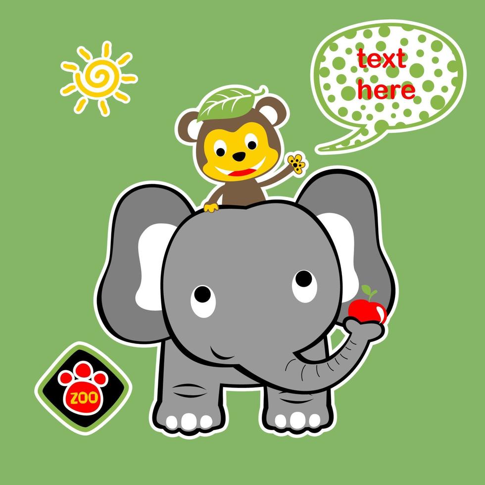 Cute monkey ride on elephant with fruit, vector cartoon illustration