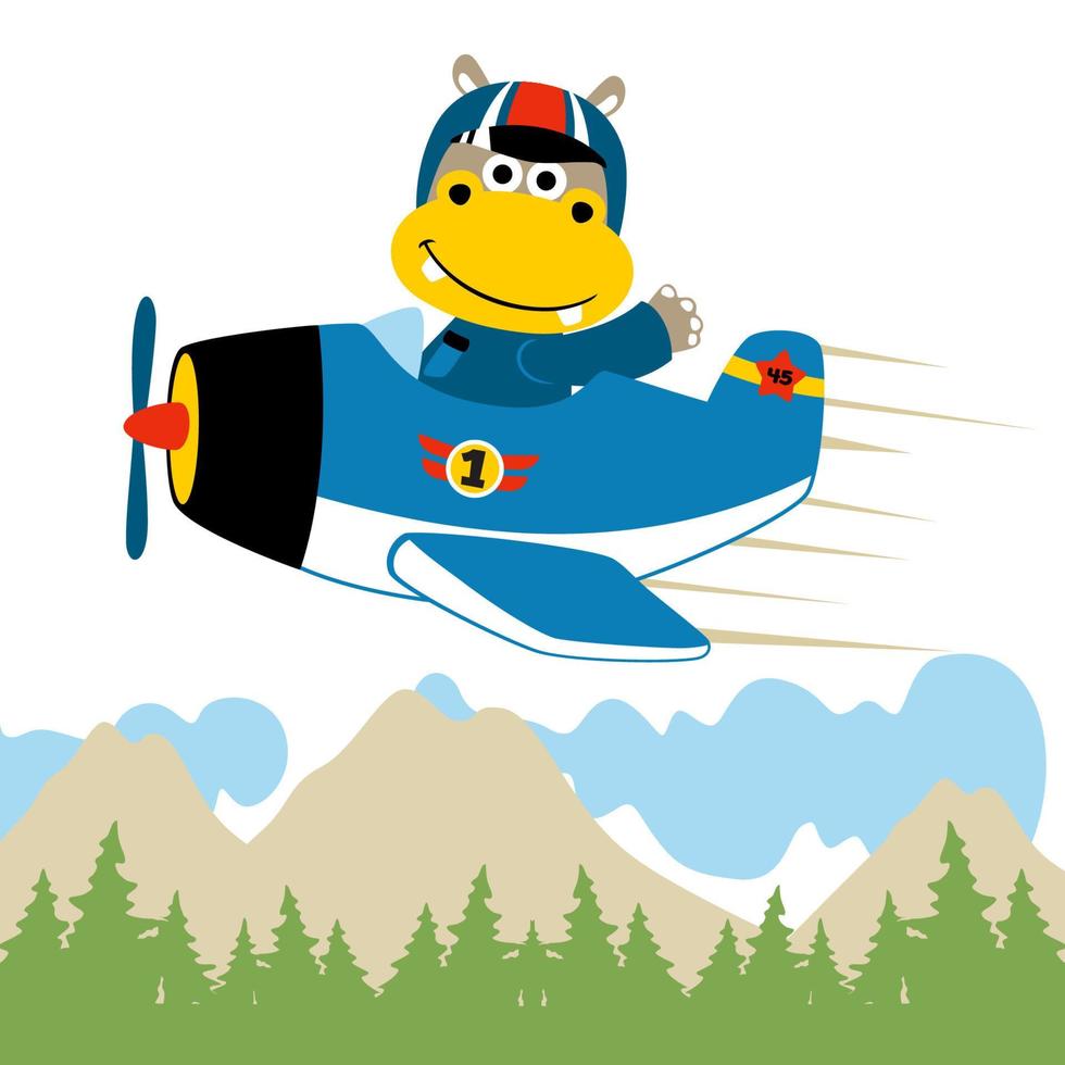 vector cartoon of funny hippo pilot on airplane flying across mountains