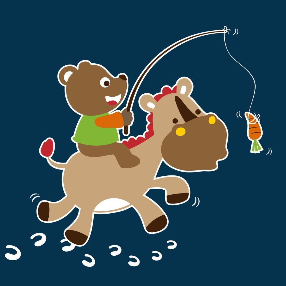 Cute bear playing with donkey, vector cartoon illustration