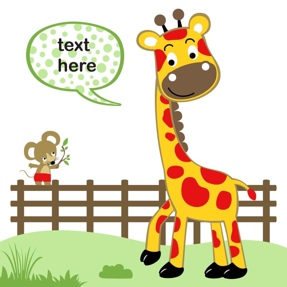 Cute giraffe with mice in the garden, vector cartoon illustration