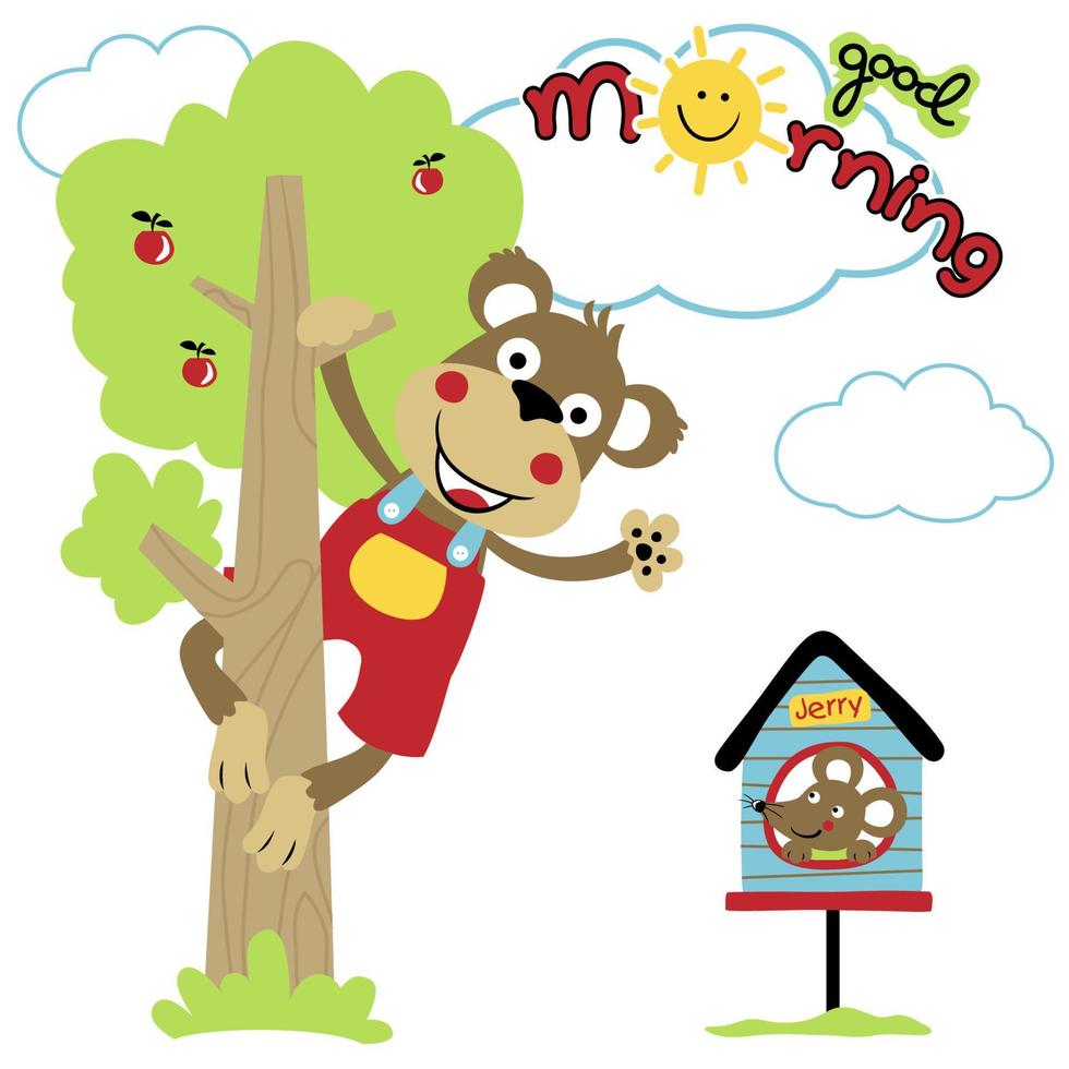 Funny monkey climbing fruit tree with mice on cage, vector cartoon illustration