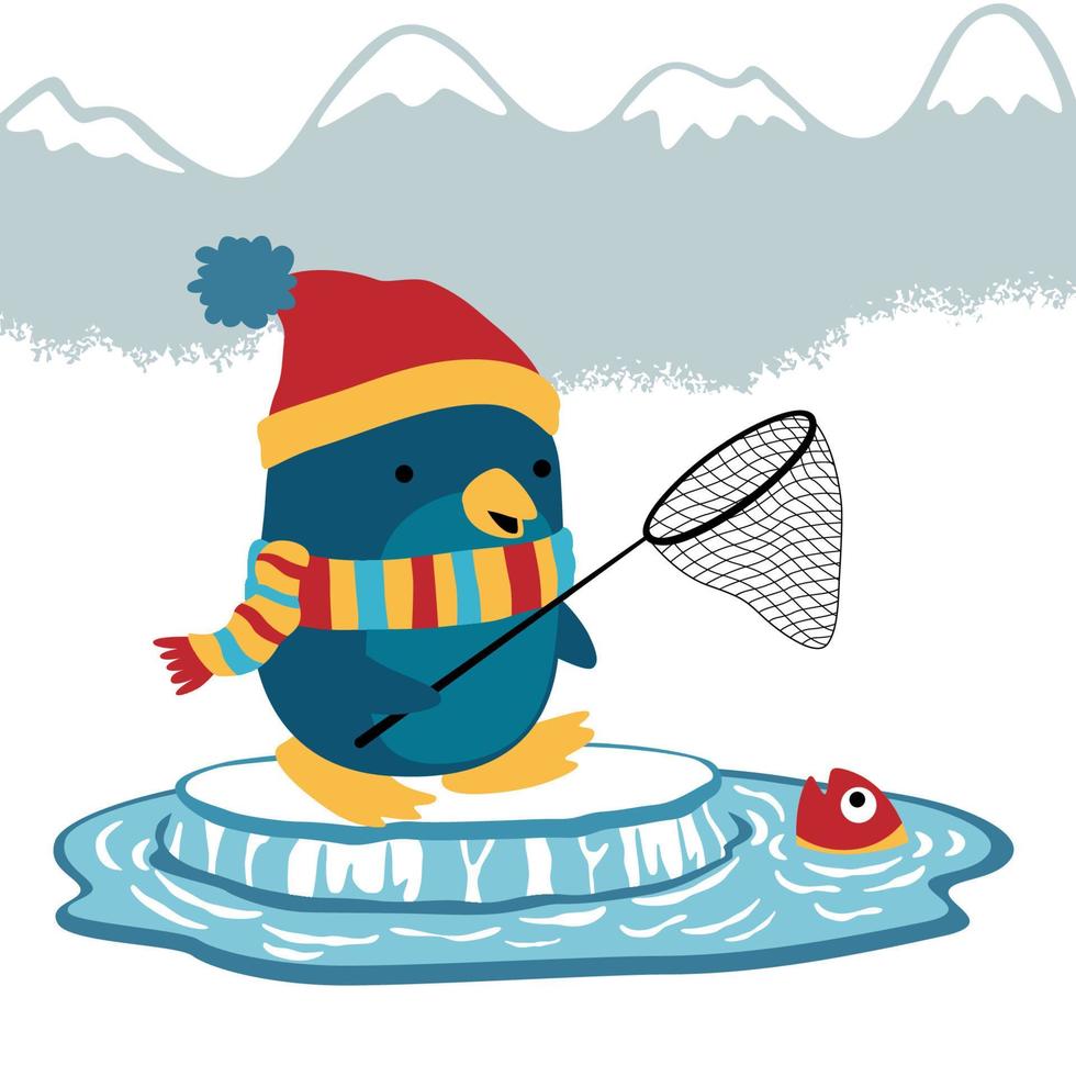 Cute penguin in winter coat fishing with fishing net on ice chunk, vector cartoon illustration
