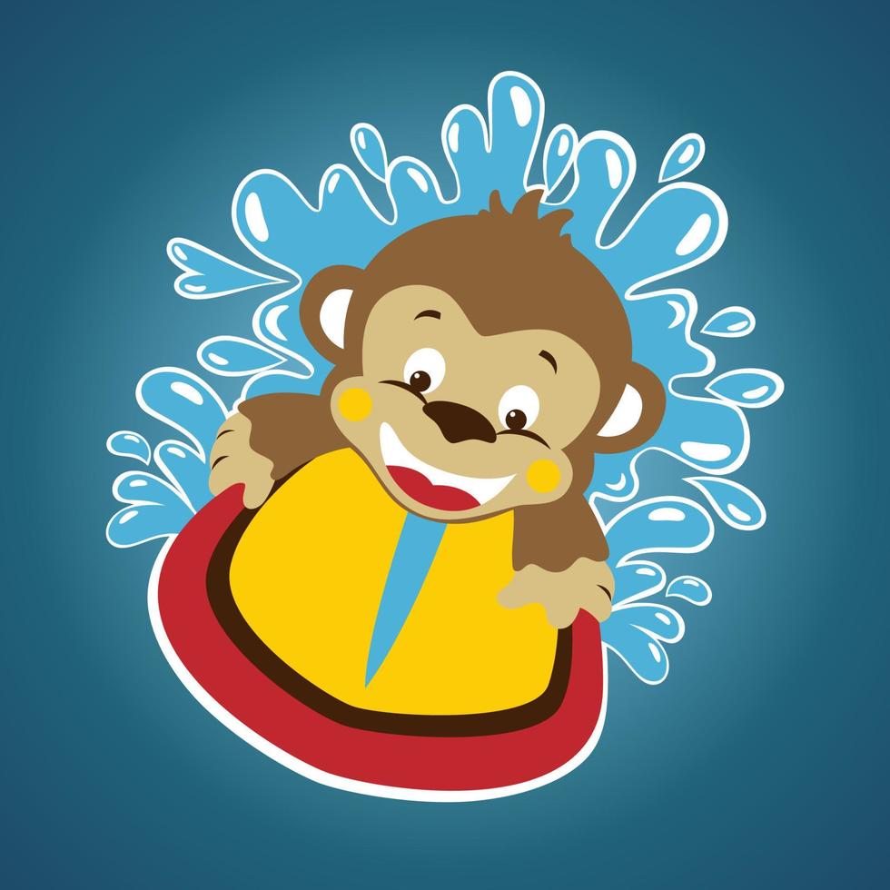 Little monkey surfing on water splash background, vector cartoon illustration