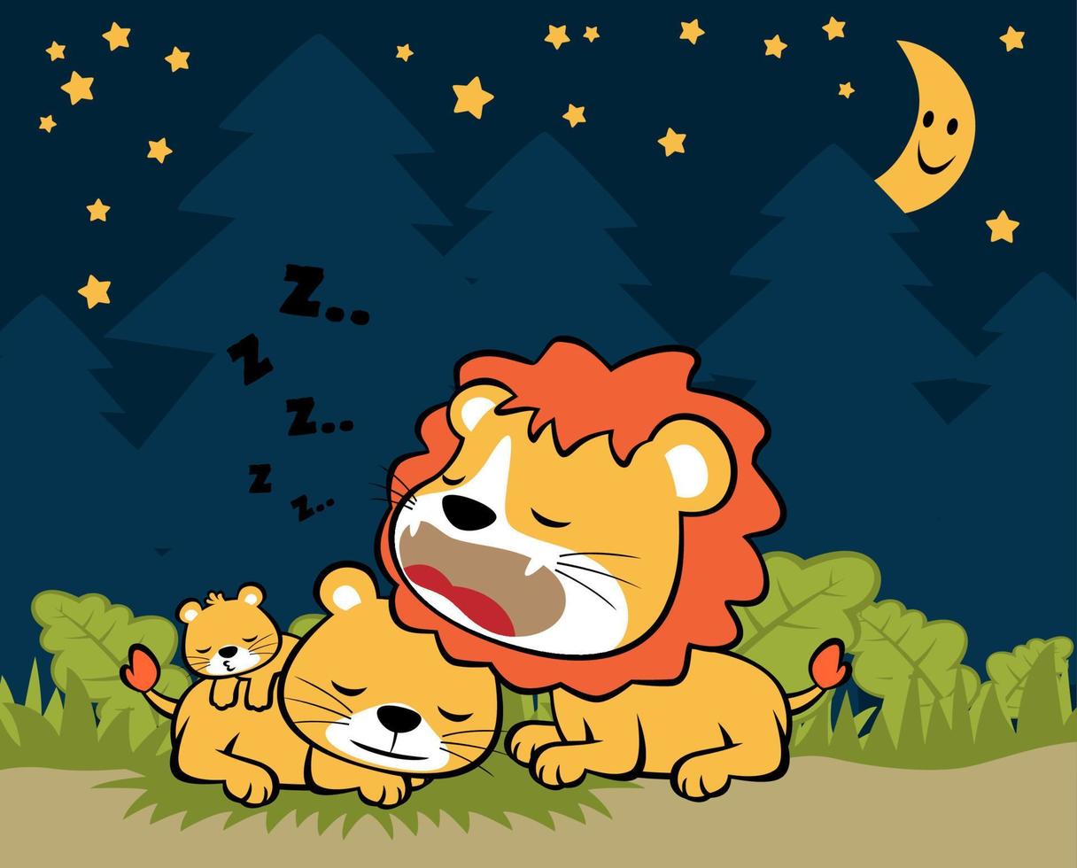 gracioso león familia dormido en el noche, vector dibujos animados ilustración