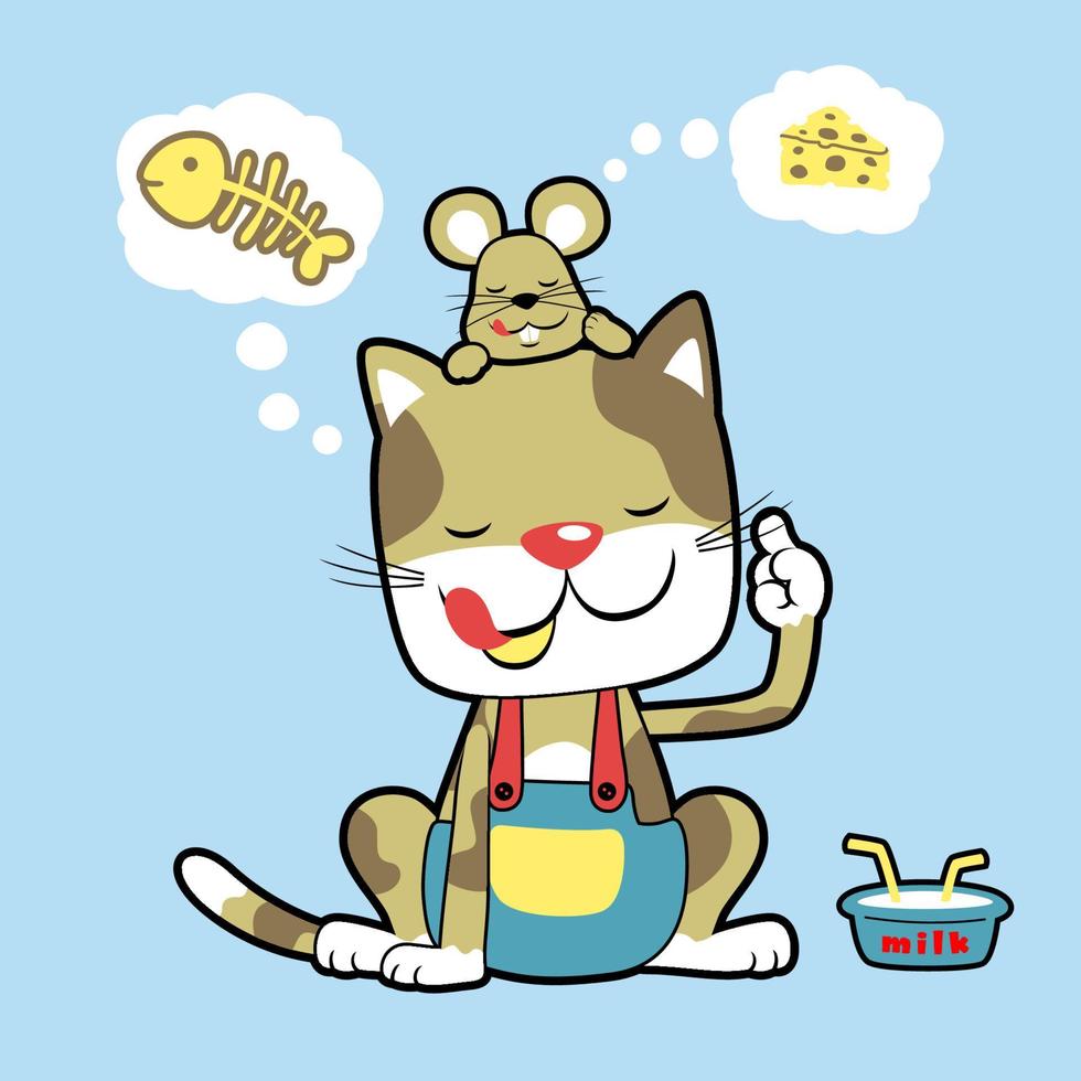 Funny cat and mouse thinking about foods, vector cartoon illustration