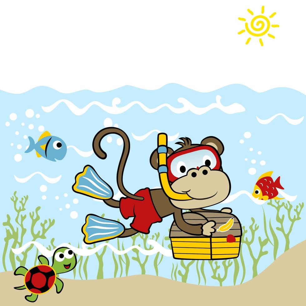 Funny monkey diving undersea carrying treasure chest with marine animals, vector cartoon illustration
