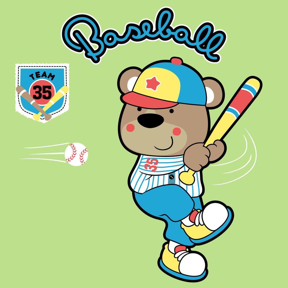 Cute bear playing baseball, vector cartoon illustration