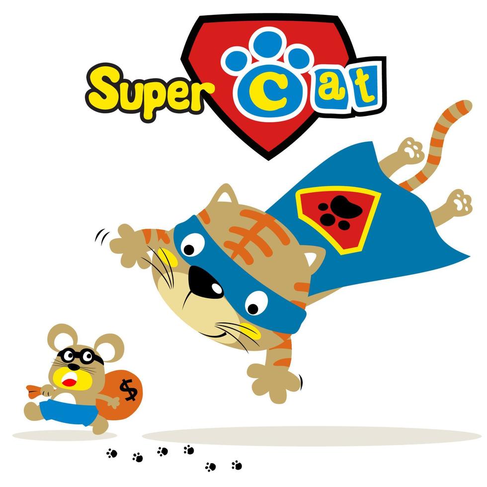 Vector cartoon of funny cat in superhero costume chasing criminal mouse