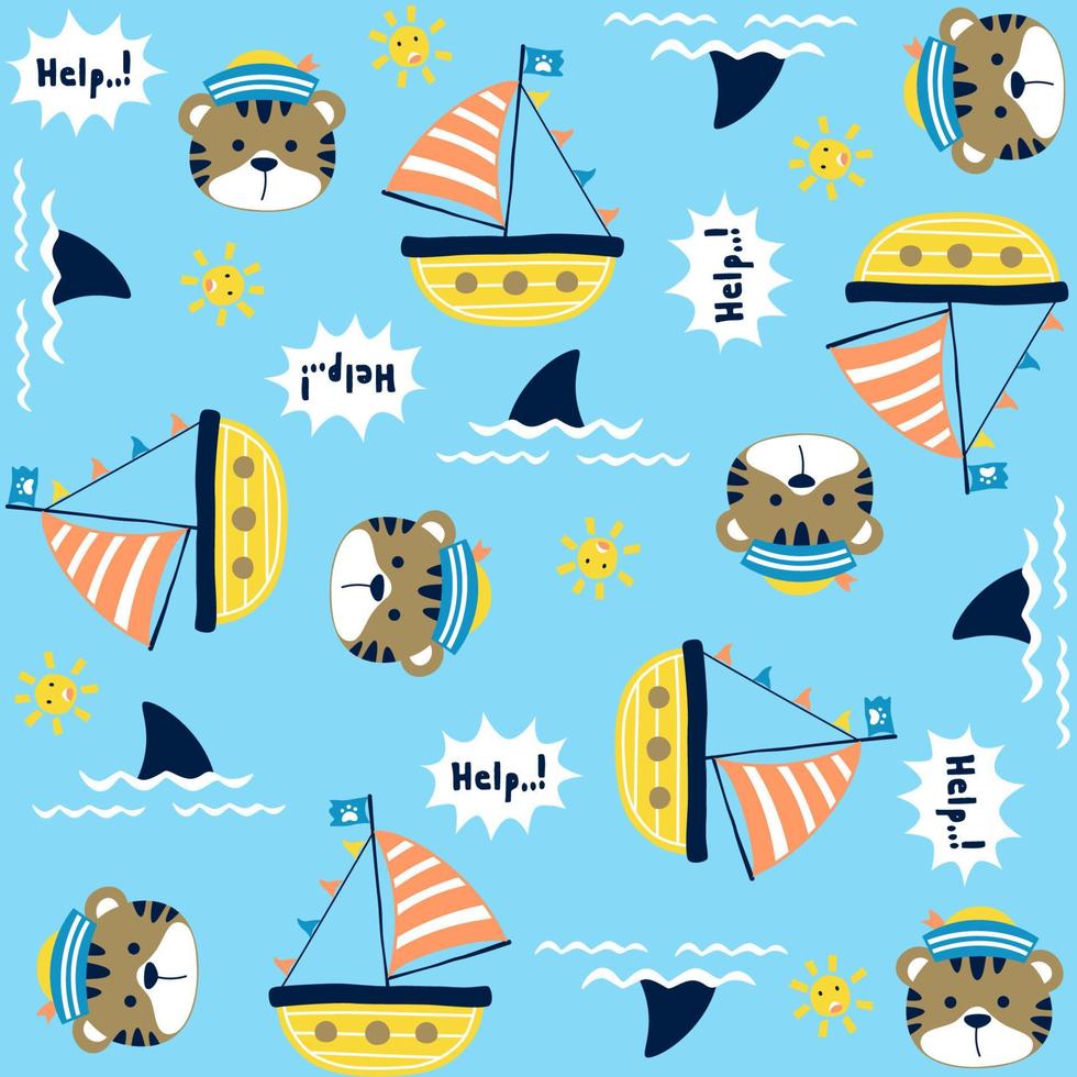 Vector cartoon seamless pattern of cute cat with sailing elements