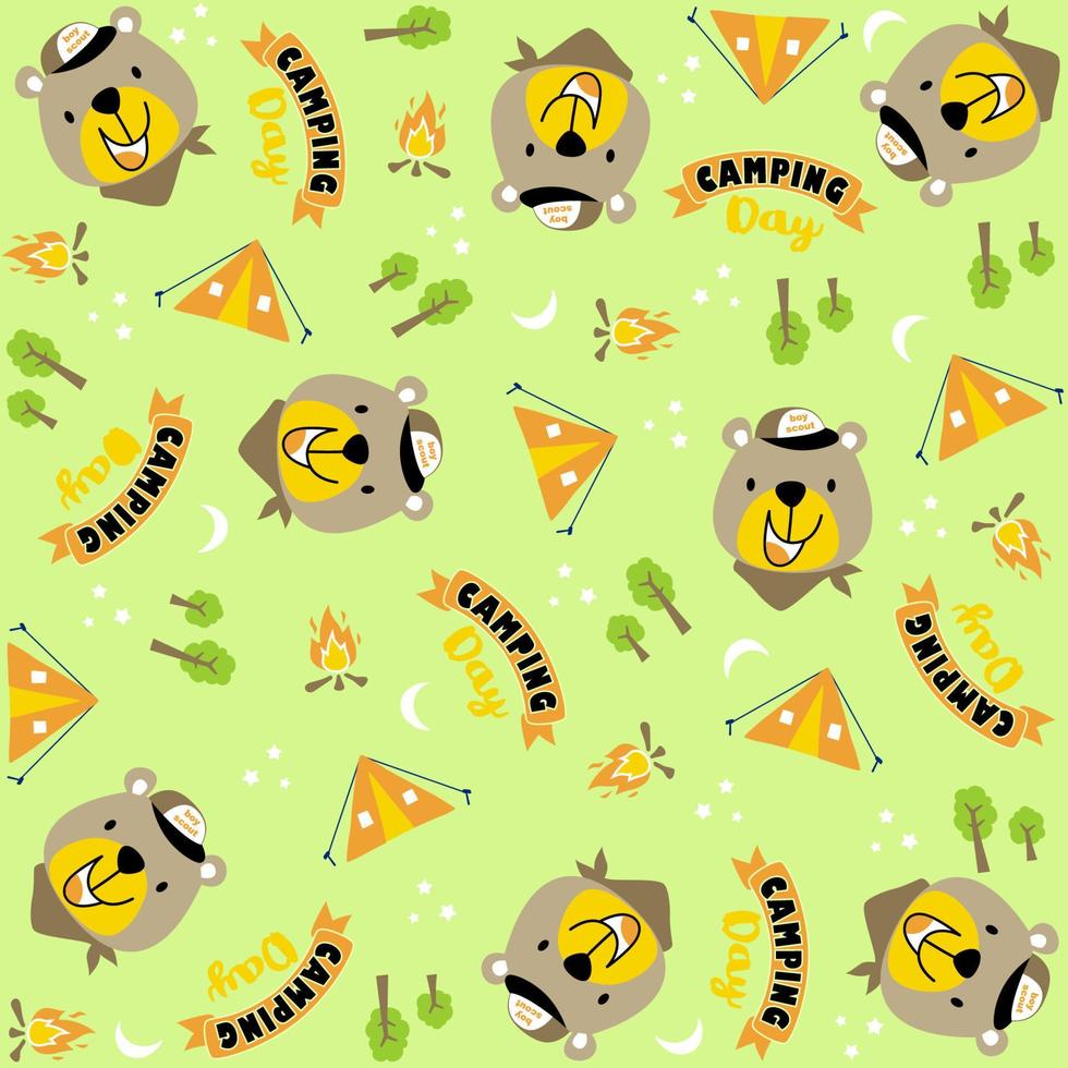 Vector cartoon seamless pattern of cute bear with camping elements