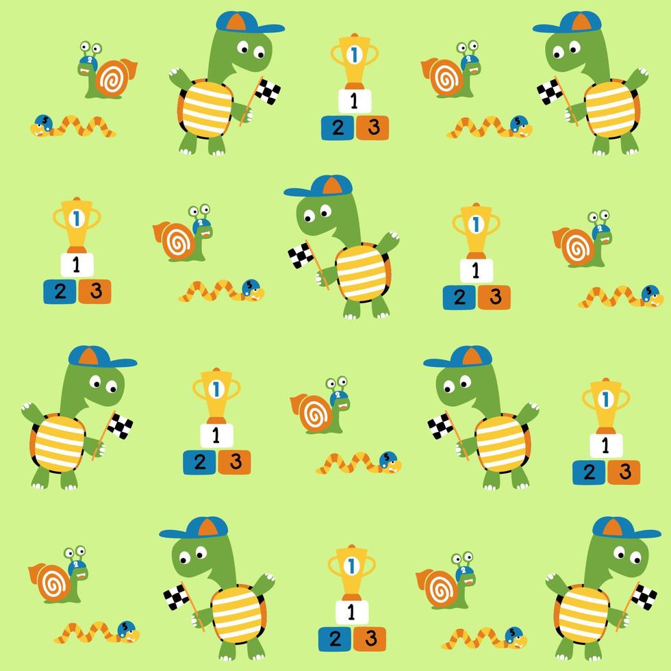 Vector cartoon seamless pattern of cute turtle with snail and caterpillar in racing run, sports elements