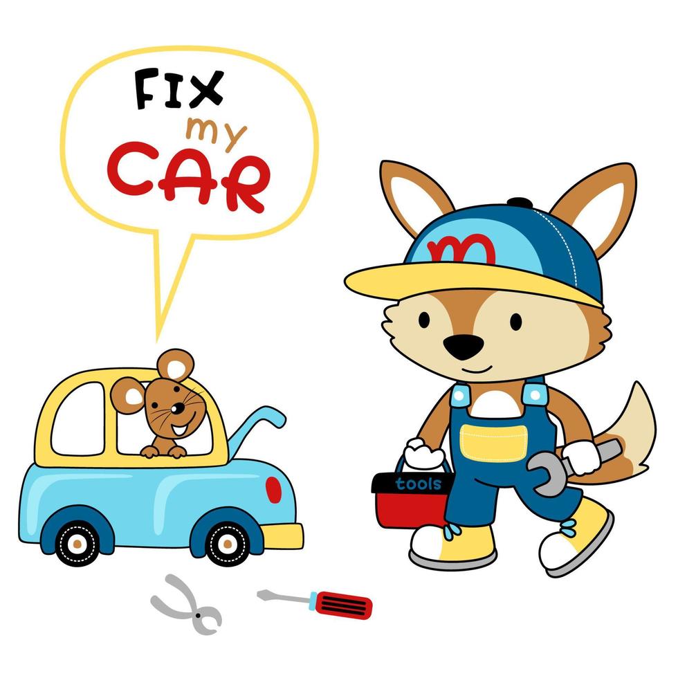 vector cartoon of funny cat in car repair shop mechanic costume with mice on car