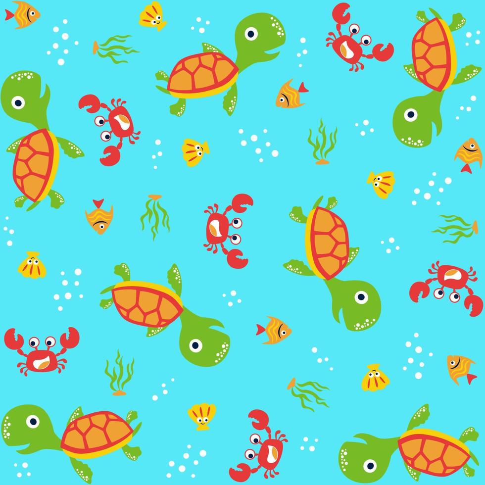 vector cartoon seamless pattern of marine animals with nautical elements